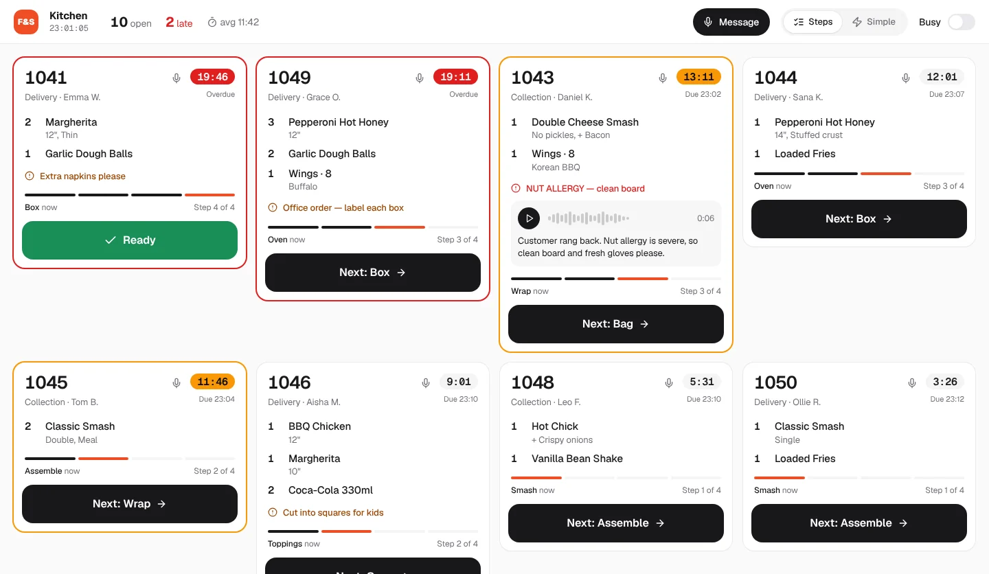 The kitchen screen: order cards with items, allergies and a Next button