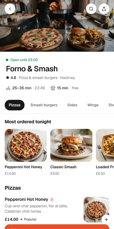 A takeaway's menu on a phone, with a basket button